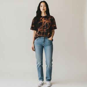 Black Short Sleeve 100% Cotton Tee Shirt Bleached Tie Dye crewneck Size XL